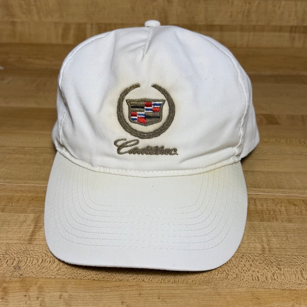 Vintage Cadillac Plaza Snapback Hat White Embroidered Logo Mens Cap